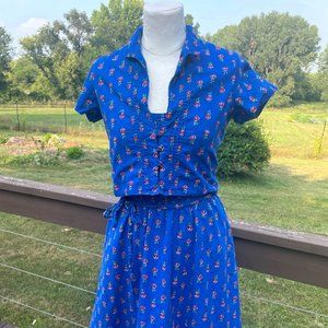 Vintage 1970's Lanz Originals Royal Blue with Red Tulip Print, Modern Size 6-8